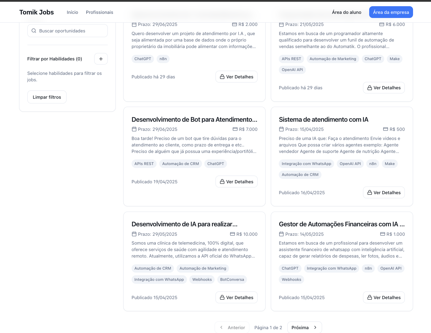 Tomik Jobs - Interface de projetos e oportunidades